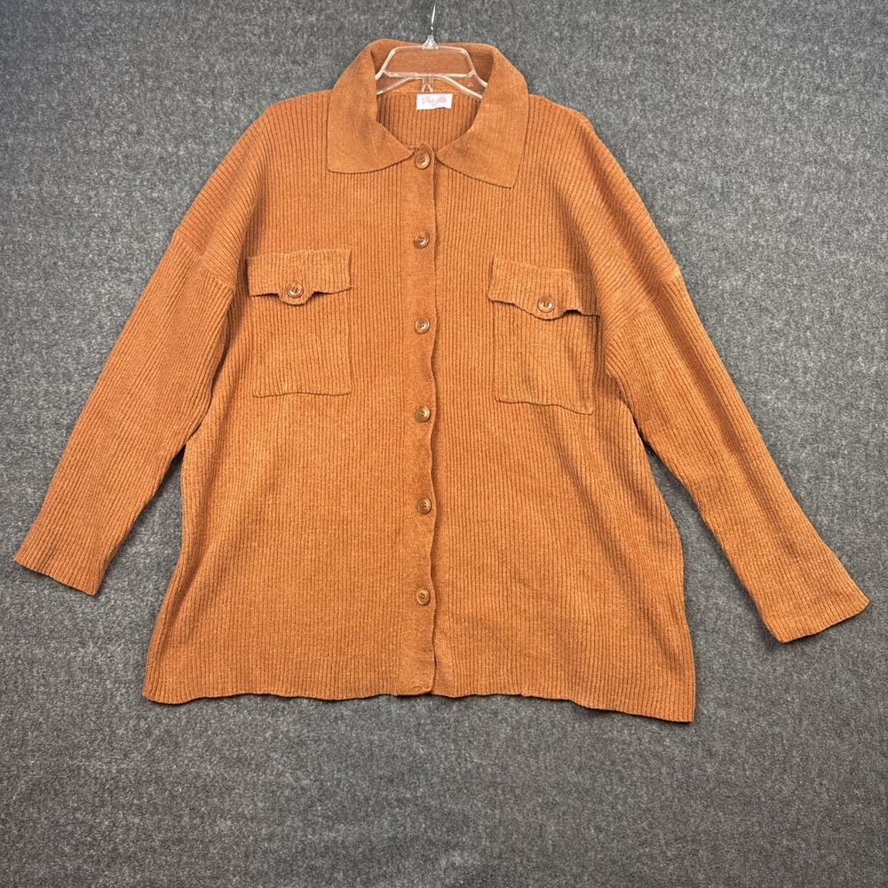 Pink Lily Sweater 2XL Plus Size Rust Ribbed Knit Button Down Shacket Collared
